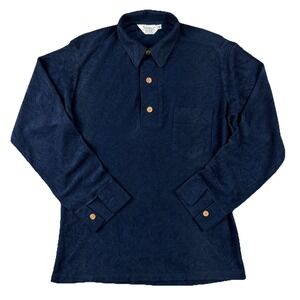 Vtg Velour Shirt Mens Medium Navy Blue Polo Long Sleeve 70s USA Mod Disco Retro